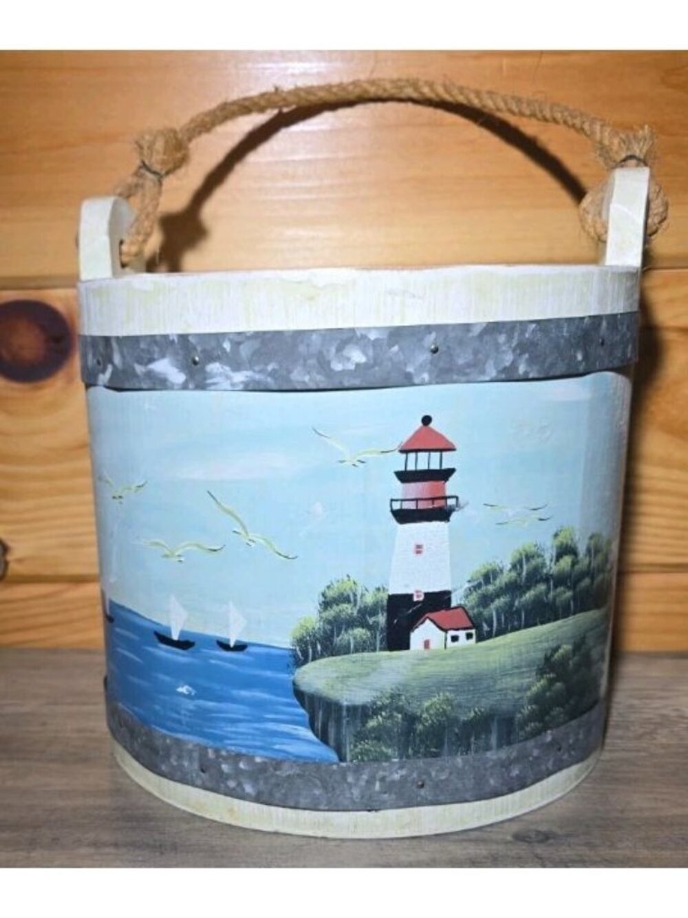 Wooden Bucket Panted Lighthouse Coastal Design With Rope Handle 8.5 Inches Tall